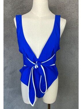 HILINKER ONE PIECE Tie Bow Swimsuit Deep V Neck Tummy Control XL BLUE NWT's.